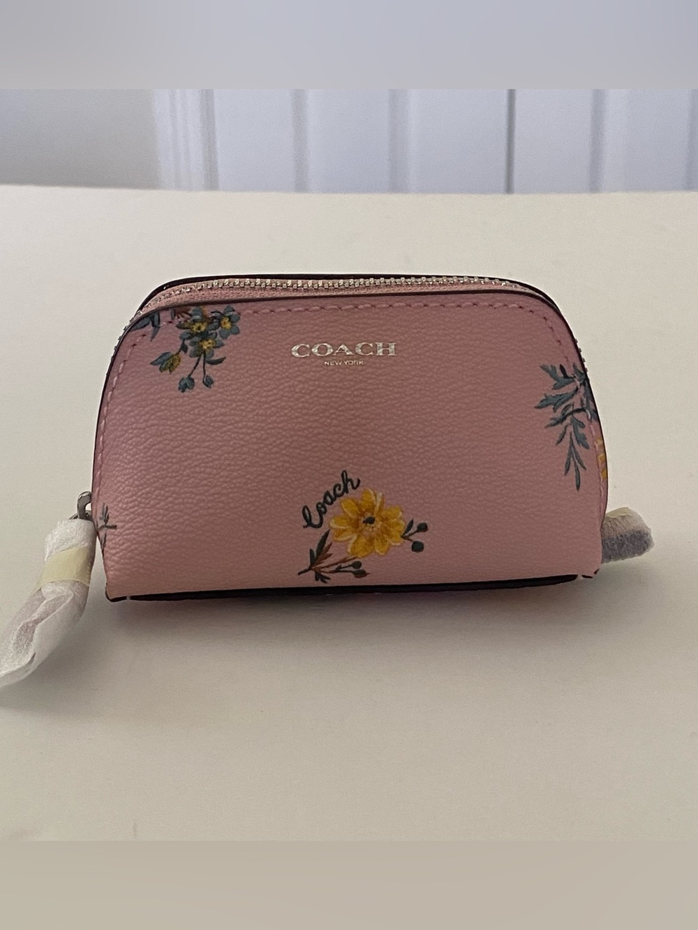 COACH C988OG Mini Cosmetic Case Zipper Pouch Pink Floral Leather Silver Logo NWT